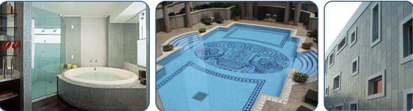 Figure 1. Examples of use of adhesive mortar system (left to right): bathroom, swimming pool, facade