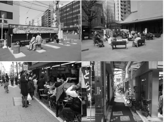 Figure 3 Appropriating open spaces and reclaiming public streets to create ageing- ageing-friendly public places in Tokyo: top (a) &amp; (b) resting places at Sugamo shotengai; 