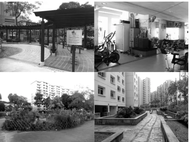 Figure 1 Formalization of underutilized pocket spaces within HDB estates to create  ageing-friendly public places: top-left (a) Senior Citizens’ Fitness Corner; top-right  (b) Senior Citizens’ Corner at void deck; left (c) community garden;  bottom-right (