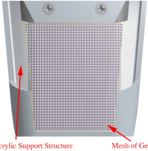 Fig. 5. The silicone gel pad (purple) is meshed into one layer of Hex-8 elements. The full mesh includes 1964 elements with 3698 nodes.