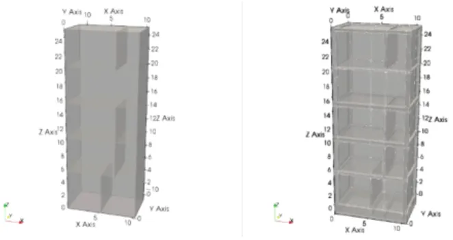 Figure 6. Vues des modélisations – à gauche le modèle plaques (209 772 DDL), à droite le modèle optimisé  proposé avec modélisation des jonctions et un radier volumique (259 292 DDL)