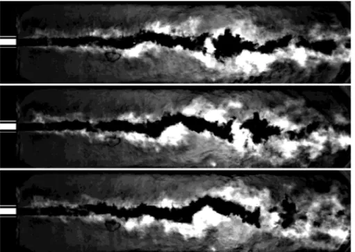 Figure 1.9: Shadowgraphs of a transcritical H 2 /O 2 reacting flow at 6 MPa, taken at successive instants (time between frames is 0.25 ms) [Locke et al