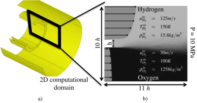 Figure 3.1: a) Typical coaxial injector of a LRE. b) Boundary conditions for the 2D computational domain