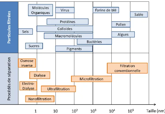 Figure  1.  4 :  classification  des  procédés  membranaires  en  fonction  des  éléments  filtrés  et  de  la  taille des pores