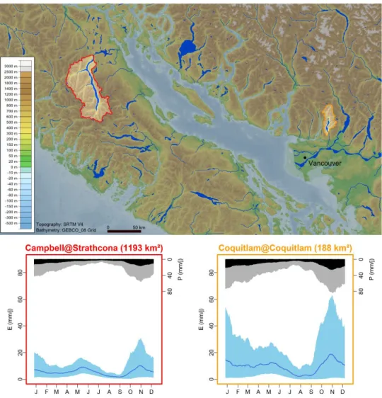 Figure 1: Localisation, topographie et régime hydro-climatique des deux bassins versants étudiés (établis sur la période  1981-2010) : le bassin de la Campbell en rouge et le bassin de la Coquitlam en orange