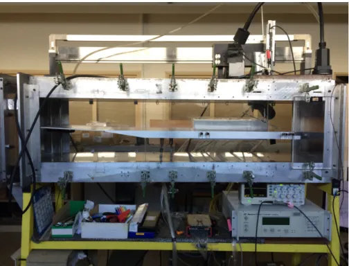 Figure 4.2. Photograph of the test section with flat plate during data acquisition (flow is from right to left).