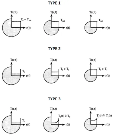 Figure 2.1: Temporal and spatial temperature evolution for the 3 different types of evap- evap-oration models.