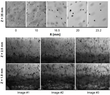 Figure 3.11: Images showing the shape of droplets at Z=35mm for different radial stations and different images at Z=1.8 and 2.6mm.
