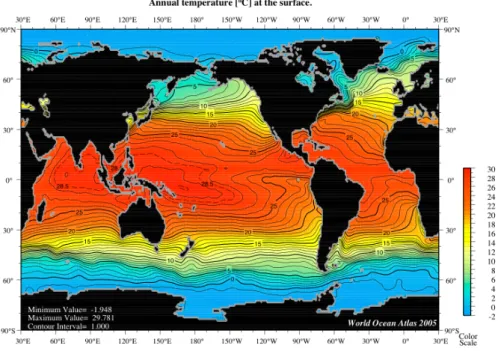 Figure 2.1: Températures moyennes de la surface des océans pour l’année 2005, en degrés Celsius (données NOAA/National Oceanographic Data Center, libres de droits, [122]).