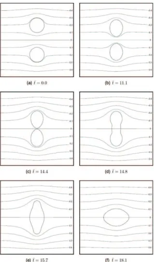Fig 1.20. Simulation of droplet deformations and coalescence under electric fields (Bjørklund 2009)