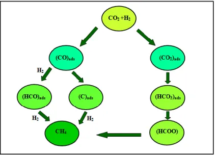 Figure 1.5 – Mécanismes de réaction globaux de la méthanation de CO 2  [39]. 