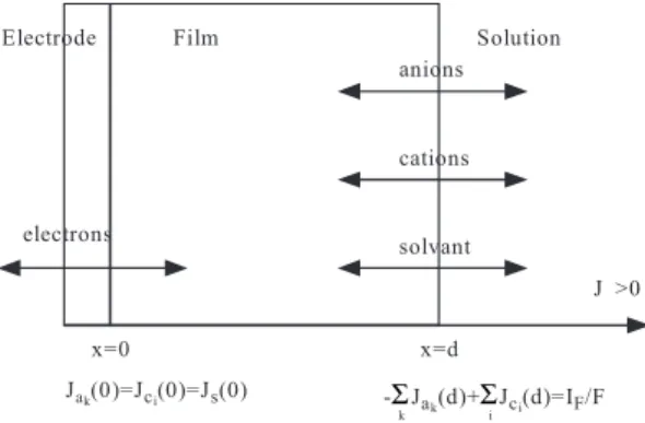 Fig. 1. Représentation schématique des inter- inter-faces électrode/film et film/solution.