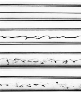 Figure 1.1: A streak of dye in a glass pipe at four Reynolds numbers, from laminar (top) to turbulent (bottom) flow