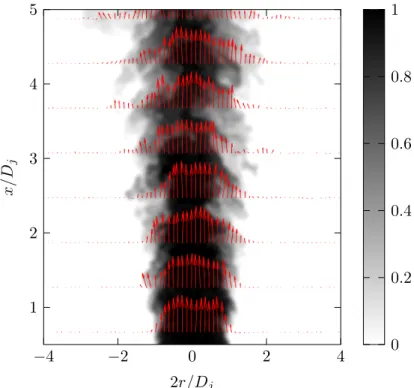 Figure 3.10: Typical instantaneous fields at (Re , Ar ) = (12000, 0). Velocity vectors are coarse-grained for clarity.