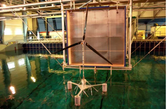 Figure 2.13  Small-scale tests in a wave tank with a wind generation facility (from [Courbois, 2013])
