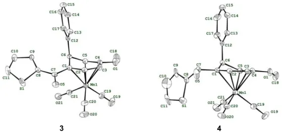 Figure 13. Structure radiocristallographique des complexes 3 et 4 (ellipsoïdes à 30 % de probabilités)