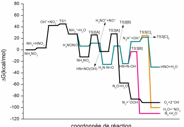 Figure 14 : Profils énergétiques CBS-QB3 127  pour la décomposition du nitrate d'ammonium 