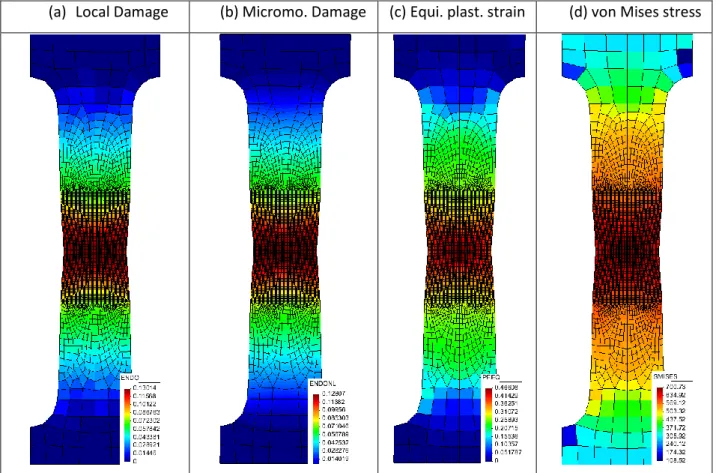 Figure 3.23: Local and micromorphic damage, equivalent plastic strain and von Mises stress  distributions at  u  12 mm for H  1000.0, d  1.0 mm (i.e