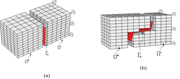 Figure 3.10: Mesh without fractured elements with discontinuity surface Γ s ; (a) Notched specimen ; (b) Double-notched specimen