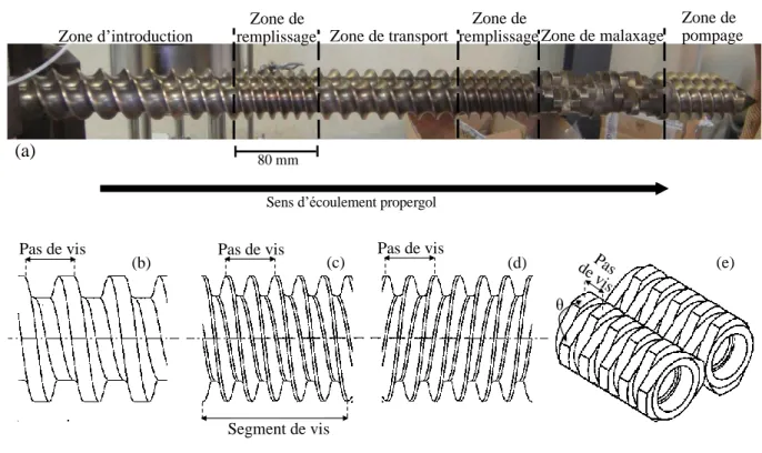 Figure I. 15 : (a) vue de profil de deux vis corotatives d’un malaxeur bivis, (b) segment de vis à pas  direct à un filet présent dans la zone d’introduction, (c) segment de vis à pas direct à deux filets  présent dans une zone de remplissage, (d) segment 