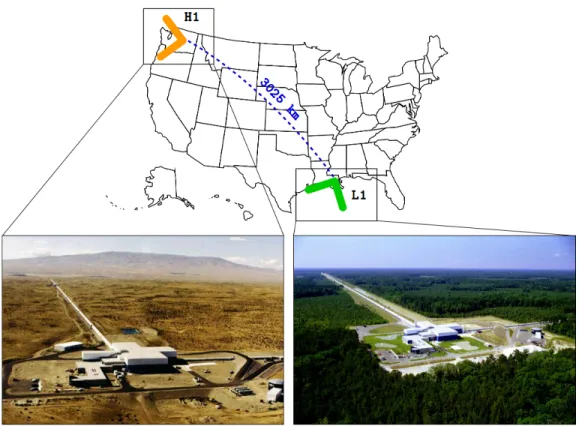 Figure 2.1: Location and orientation of the LIGO detectors at Hanford, WA (H1) and Livingston, LA (L1).