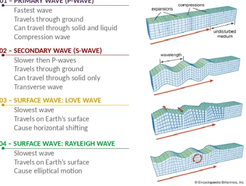 Figure 3.1: Summary of the different seismic waves generated by an earthquake. They are listed from the fastest to the slowest.