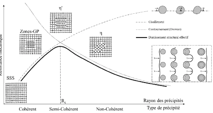 Figure 1. 1 : Évolution du durcissement structural en fonction de la taille et du type de précipité pour les alliages 7###