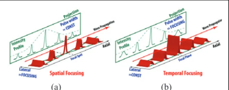 Fig. 1: Pictorial description of (a) spatial focusing and (b)  temporal focusing 