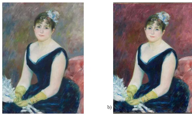 Figure 1 : en a), le tableau Madame Léon Clapisson, de Pierre Auguste Renoir, 1883, exposé  au Art Institute of Chicago ; en b), la reconstruction numérique par Northwestern University