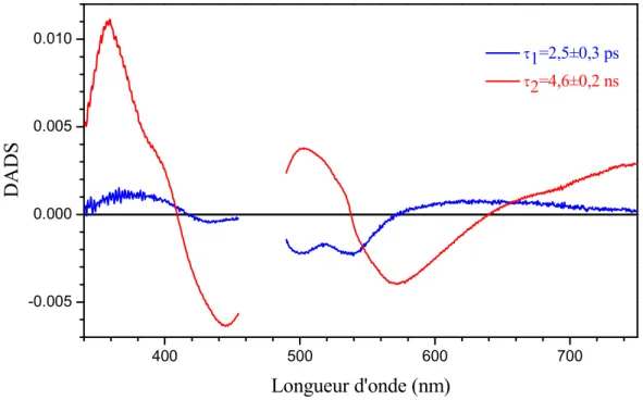 Figure 1.5 : Spectres de facteurs pré-exponentiels ou DADS associés aux durées de vie de 2,5 ps (bleu) et  4,6 ns (rouge) pour FM ox  diluée en solution aqueuse (pH = 8,0 et A 446  = 0,26 sur 1 mm)