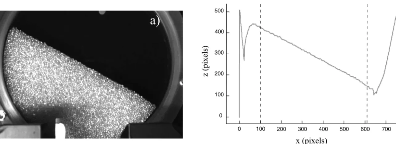 Fig. 2.7 – a) Image du tas num´eris´ee et acquise sous le logiciel Scion. b) Coordonn´ees de l’interface du tas.