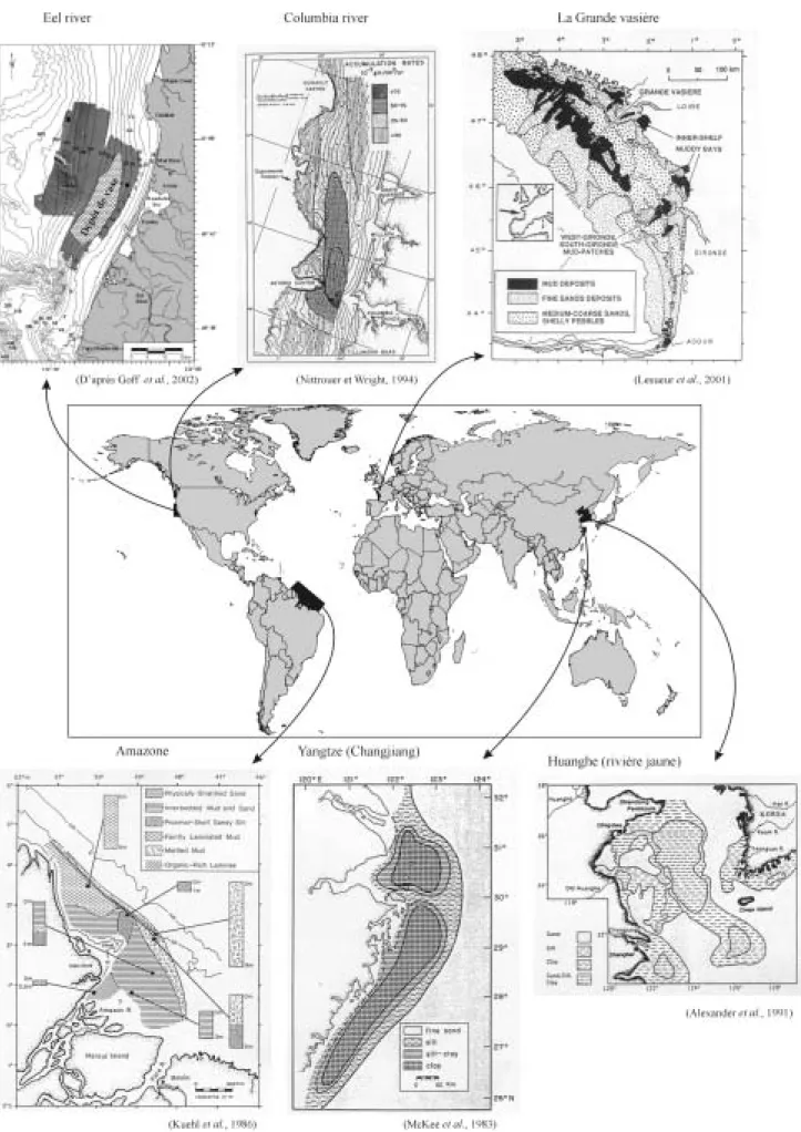 Figure I-5. Exemples de situations des sédiments fins vaseux sur différentes plates-formes mondiales actuelles.