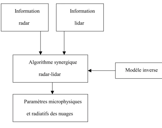 Figure I-1 : principe de restitution des paramètres microphysiques et radiatifs des nuages à partir de  l’algorithmie radar-lidar 