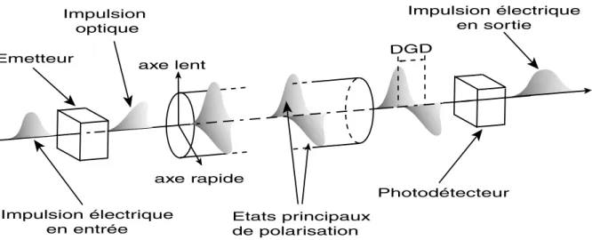 Fig. 1.5: Description de l’eﬀet de PMD sur les impulsions optiques traversant la ﬁbre et impact sur la r´ eception au niveau du