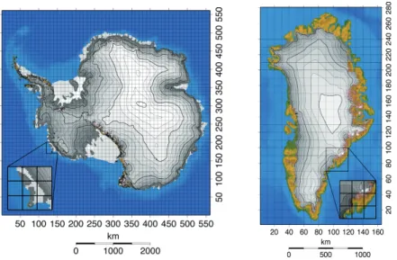 Fig. 7. The numerical grid of AGISM has a horizontal resolution of 10 km for both polar ice sheets (left panel: Antarctic ice sheet; right panel: Greenland ice sheet)