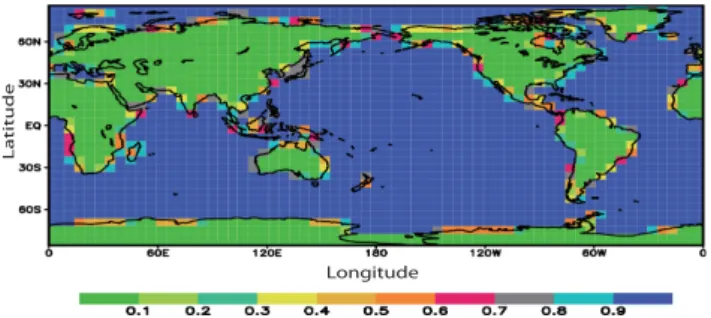 Fig. 8. Fraction of ocean surface in each of the grid cell of ECBilt. 