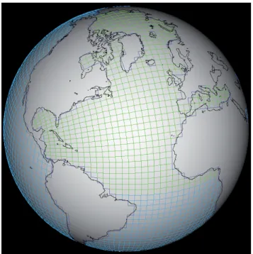 Fig. 4. The horizontal grid of CLIO at a resolution of 3° by 3°. The view is centred on the  Atlantic