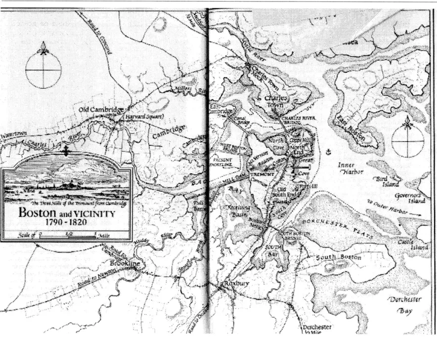 Fig. 2-1  Map  of Boston and vicinity  showing the original shoreline  and indicating  the location of the Mill Dam and the earliest bridges