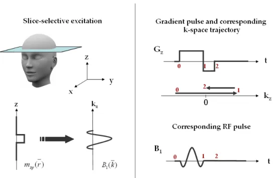 Figure 3: Slice‐selective excitation; left: target excitation and its Fourier transform, right: corresponding 