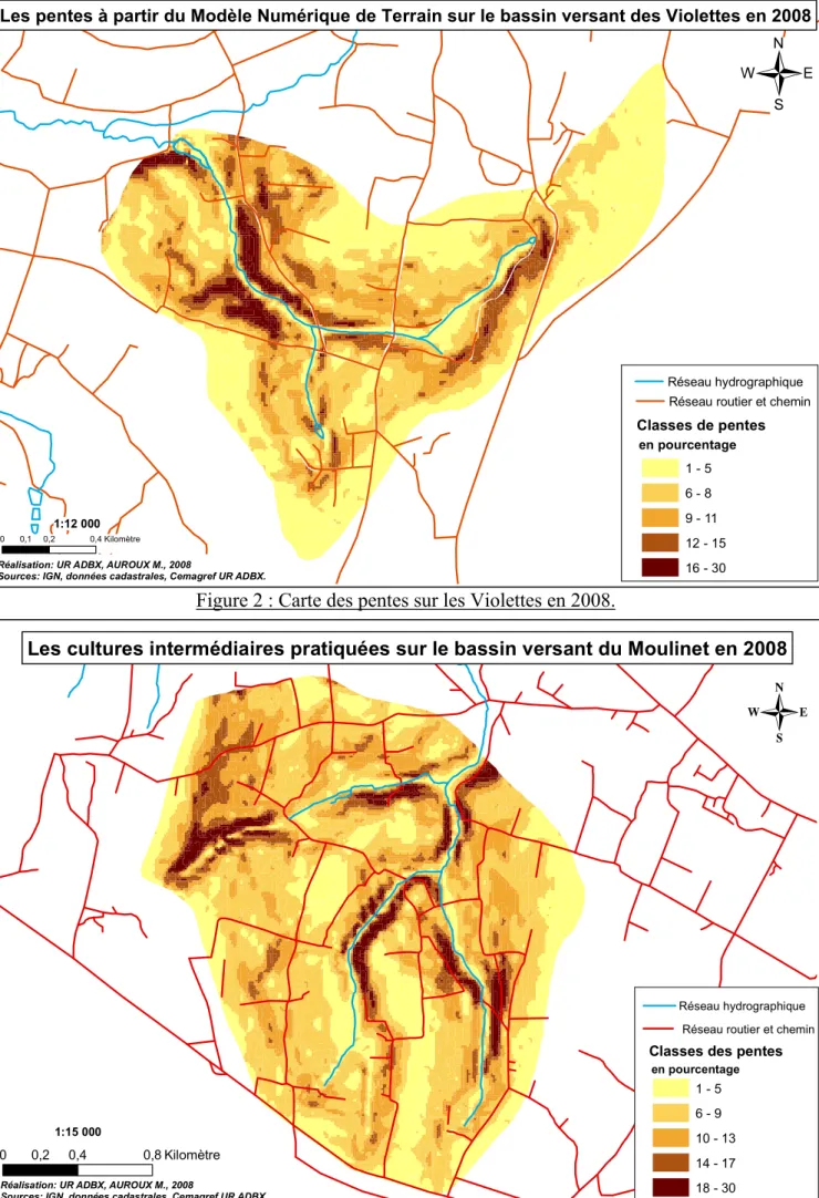 Figure 2 : Carte des pentes sur les Violettes en 2008. 