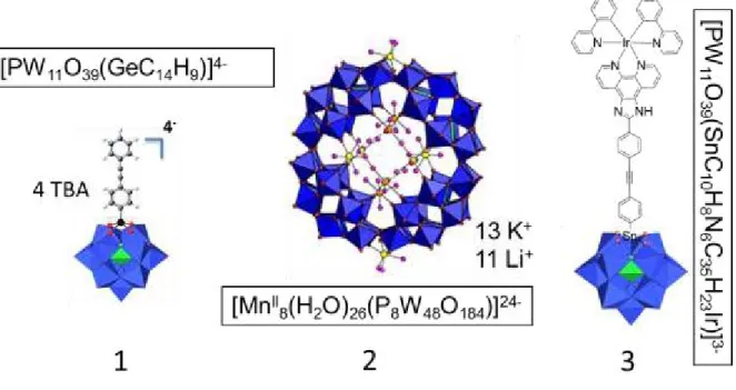 Figure 10 : POMs 1 , 2 , 3 annotés de leurs formules brutes et de leurs contre-ions. (Figures  utilisées avec autorisation , où demandées expréssément auprès de membres de l’équipe  E-POM de l’IPCM)