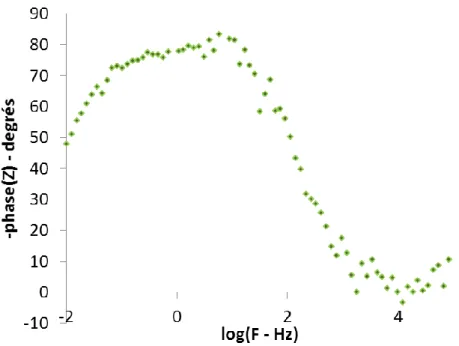 Figure 27 : Exemple d'un diagramme de Bode réalisé sur acier inoxydable 304L dans 120 mmol.L -1  de  NaCl pH 7 (potentiostat VSP  Biologic Science Instruments)