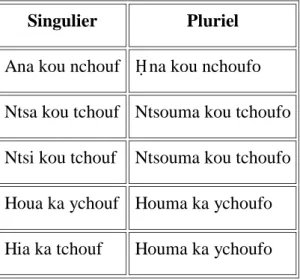 Illustration avec le verbe « voir » :  Singulier  Pluriel  Ana kou nchouf  Ḥ na kou nchoufo  Ntsa kou tchouf  Ntsouma kou tchoufo  Ntsi kou tchouf  Ntsouma kou tchoufo  Houa ka ychouf  Houma ka ychoufo  Hia ka tchouf  Houma ka ychoufo 