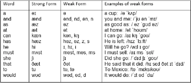 Table 02: The Strong and Weak Forms of some Common English Functional Words  (Adopted from: Ladefoged, and Keith Johnson 2014)