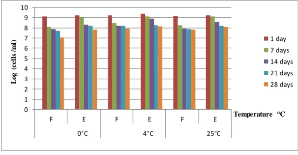 Figure  III.5:  Survival  of  free  and  encapsulated  Lb.  casei  in  alginate  coated  chitosan  during  storage at different  temperatures