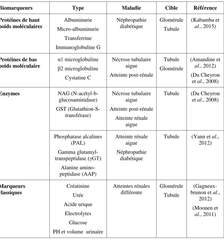 Tableau 5: les principaux biomarqueurs de néphrotoxicité. 