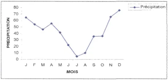 Fig. 1-5: Précipitations moyennes mensuelles en (mm)  (D'après la station météorologique de Ain el Bey-Constantine)