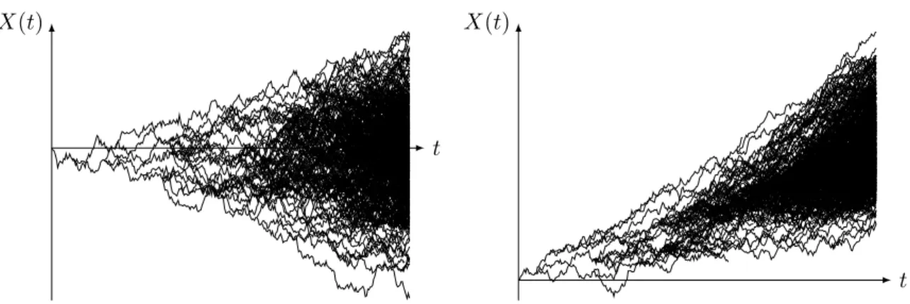 Figure 1.3 – Deux réalisations du mouvement brownien branchant. À gauche, on a % = 0, σ 2 = λ = 1 et E [L] = 2