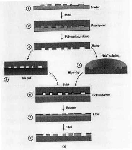 Figure 2-1(a) Diagram of process (b) Scanning electron microscopy  (SEM)  micrographs of the master, (c) image of the stamp, and (d) SEM micrograph  of a printed  and  etched  pattern