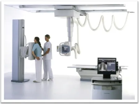 Figure 3: Toshiba medical radiography machine, with patient standing against a vertically  placed DR plate